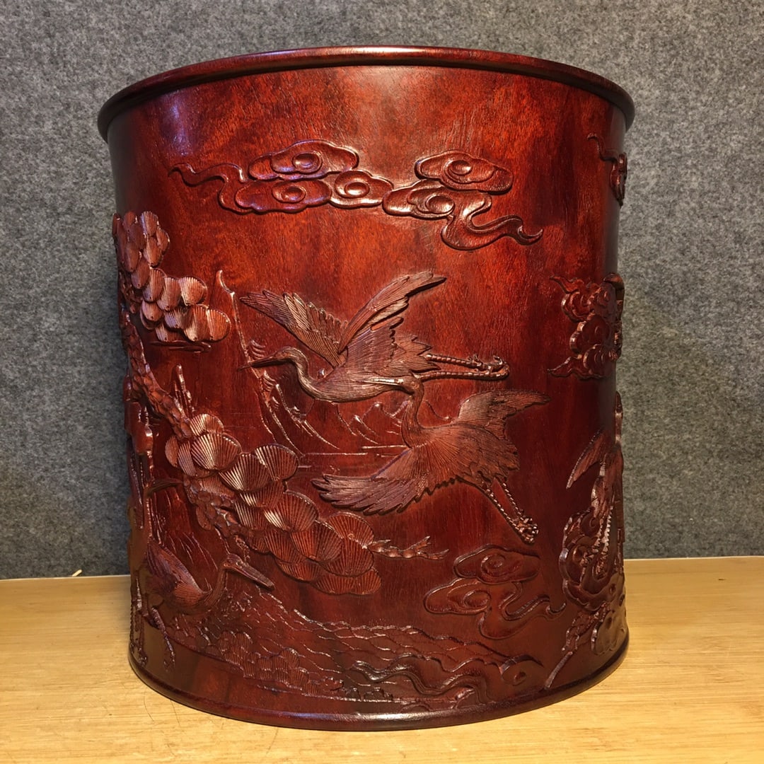 Vintage Huanghuali Wood Brush Pot Low Relief w Pine Tree & Crane (1 of 9)