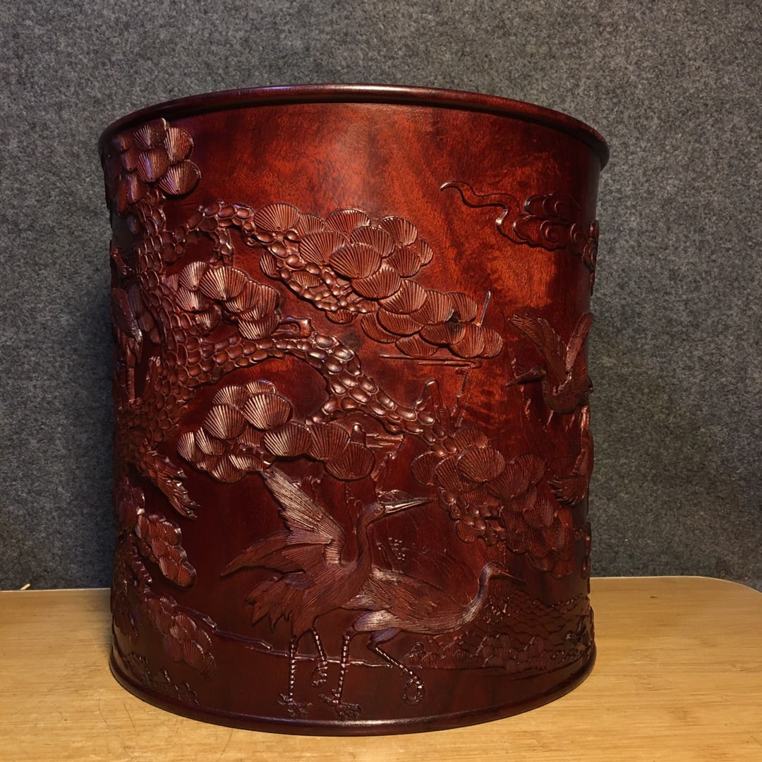 Vintage Huanghuali Wood Brush Pot Low Relief w Pine Tree & Crane - 2