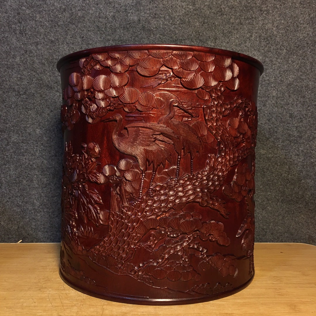 Vintage Huanghuali Wood Brush Pot Low Relief w Pine Tree & Crane - 3