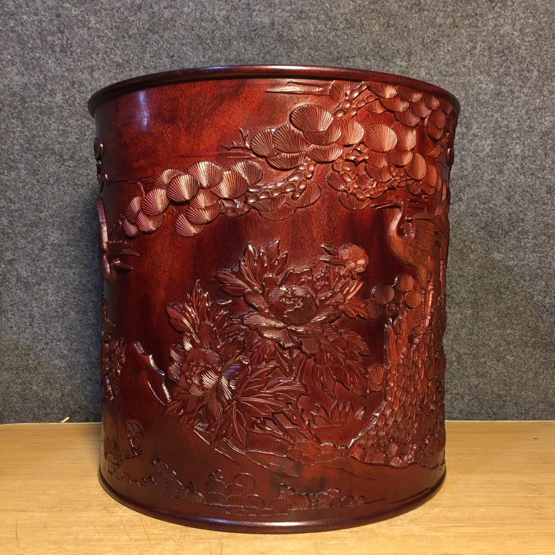 Vintage Huanghuali Wood Brush Pot Low Relief w Pine Tree & Crane - 4