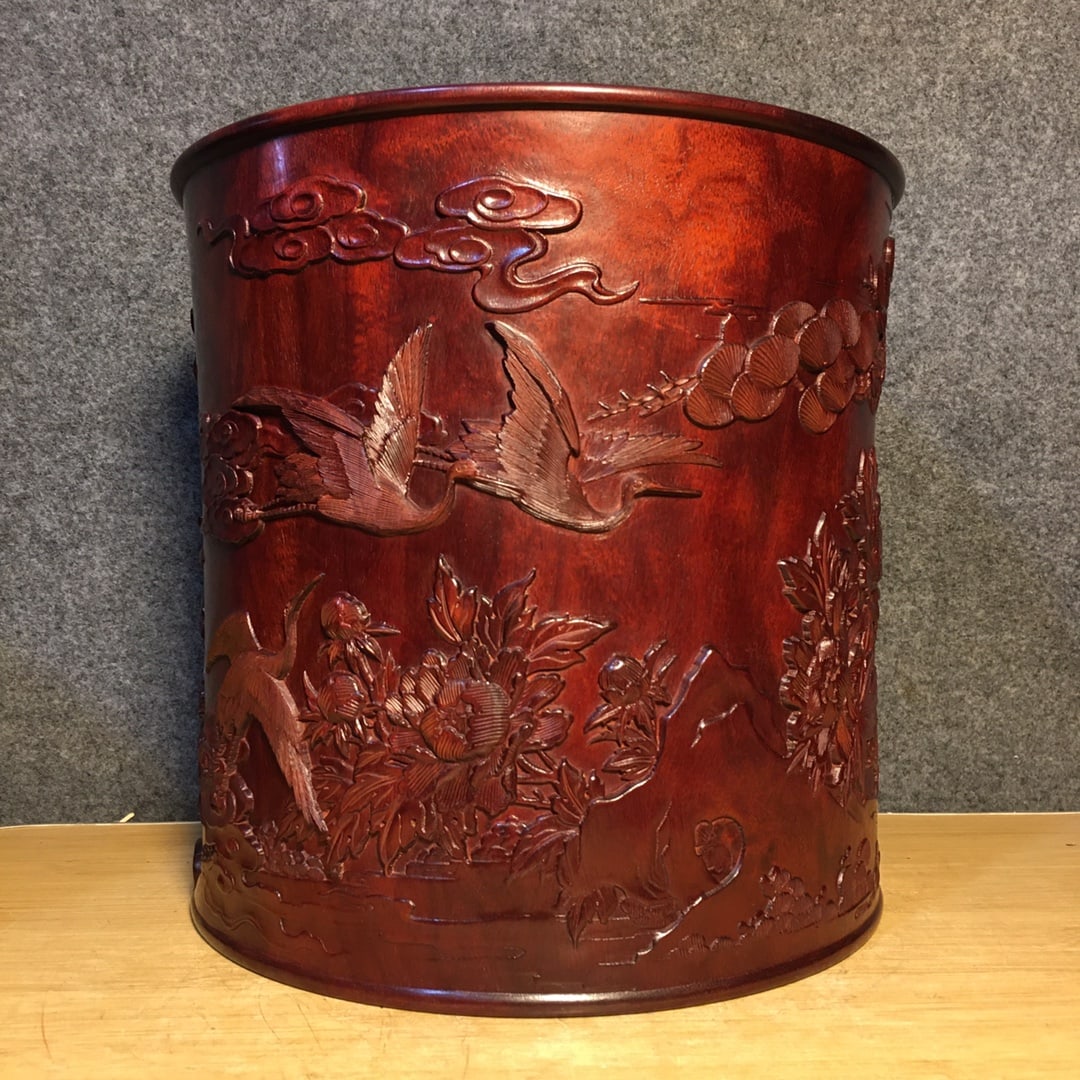 Vintage Huanghuali Wood Brush Pot Low Relief w Pine Tree & Crane - 5