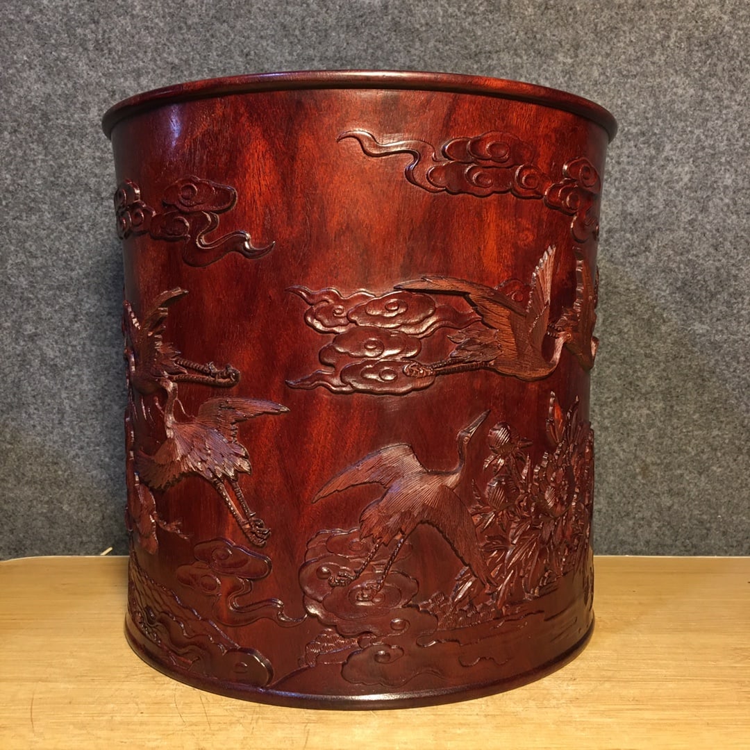 Vintage Huanghuali Wood Brush Pot Low Relief w Pine Tree & Crane - 6