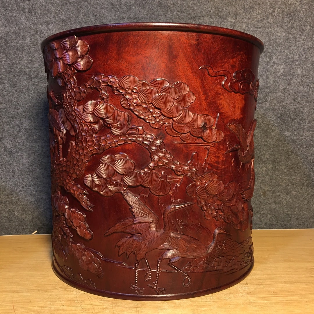 Vintage Huanghuali Wood Brush Pot Low Relief w Pine Tree & Crane - 7