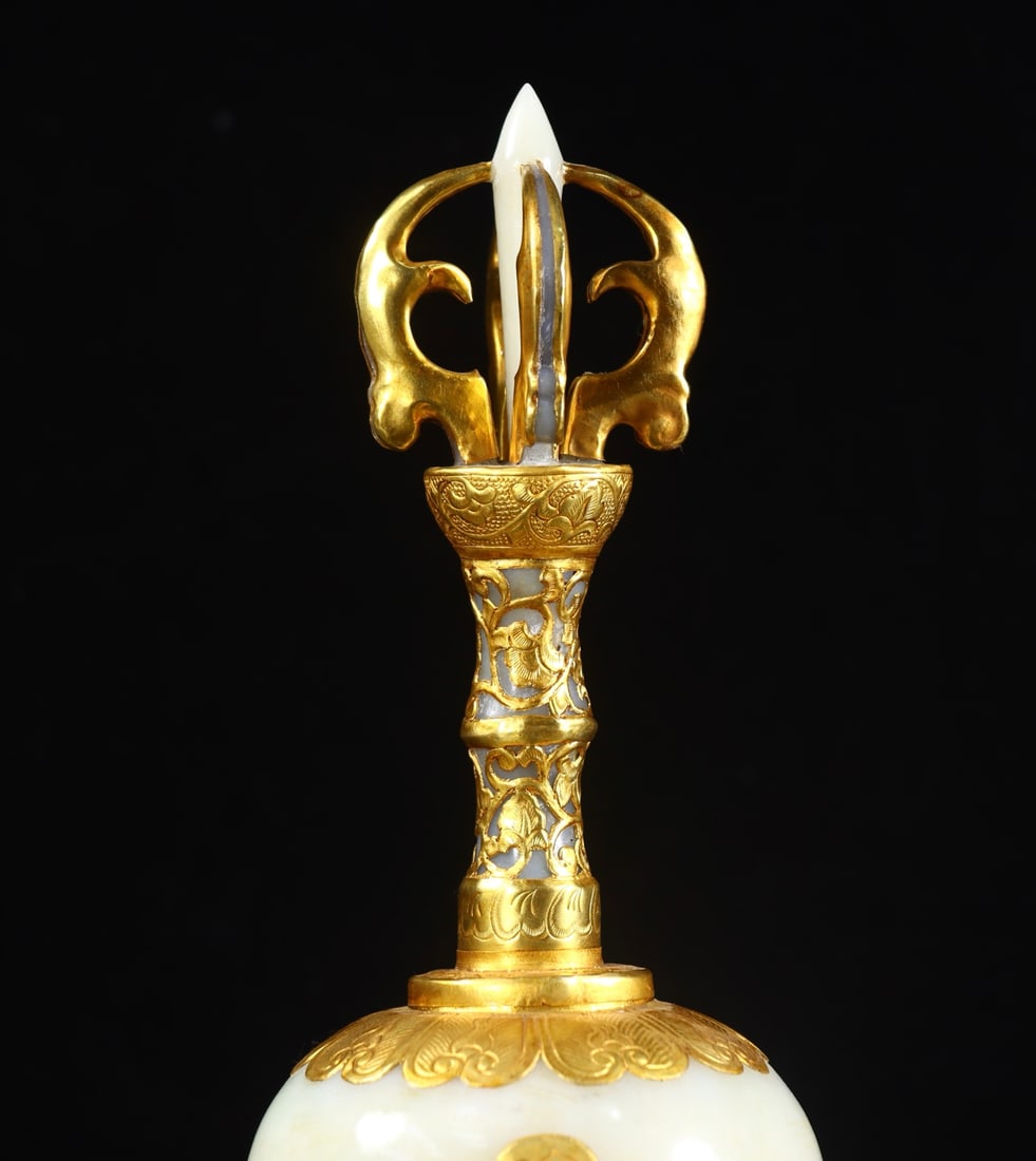 Inlaying Gold Edge Hetian Jade Hand-Carved Dharma-vessel Statue - 7