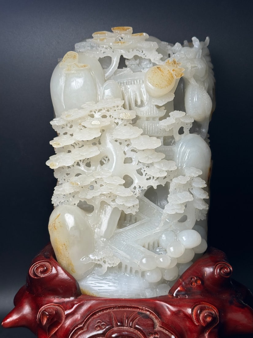Natural Hetian Jade Hand-Carved Statue w Fortune Dragon & Mountain River Scene - 2