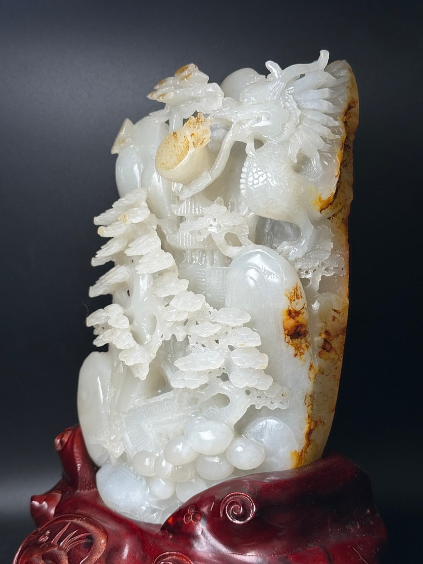 Natural Hetian Jade Hand-Carved Statue w Fortune Dragon & Mountain River Scene - 3