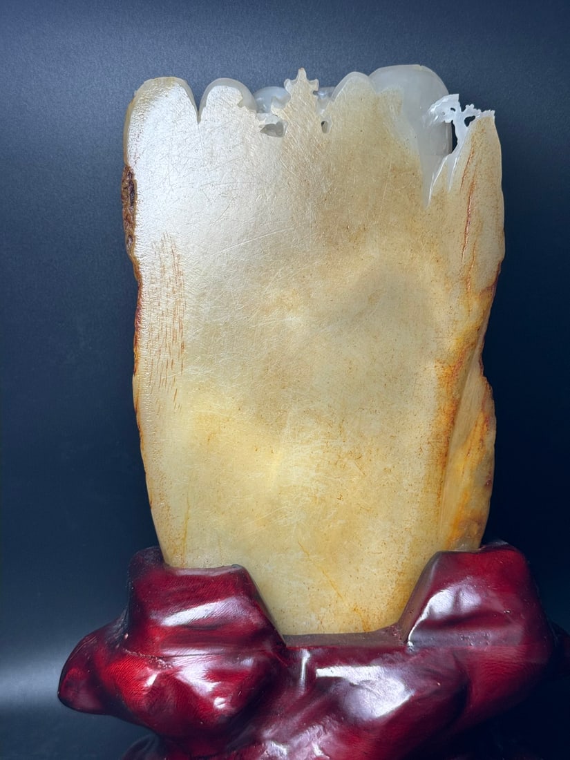 Natural Hetian Jade Hand-Carved Statue w Fortune Dragon & Mountain River Scene - 4