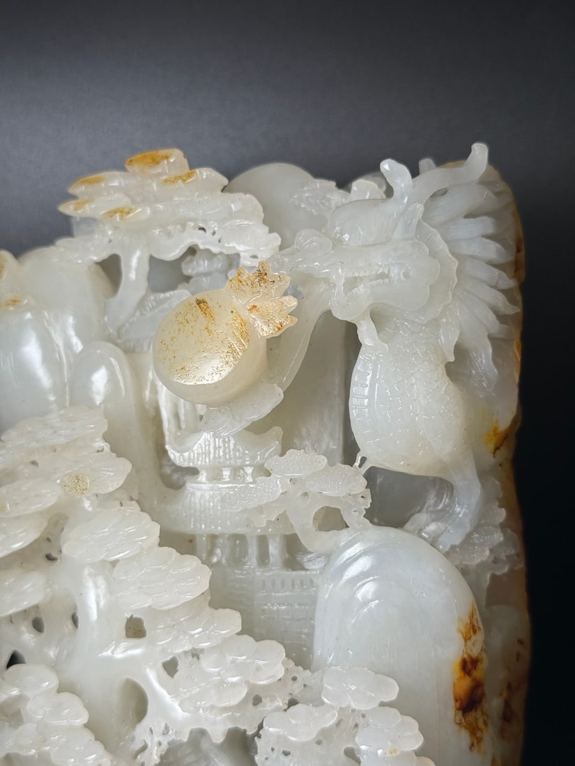 Natural Hetian Jade Hand-Carved Statue w Fortune Dragon & Mountain River Scene - 6
