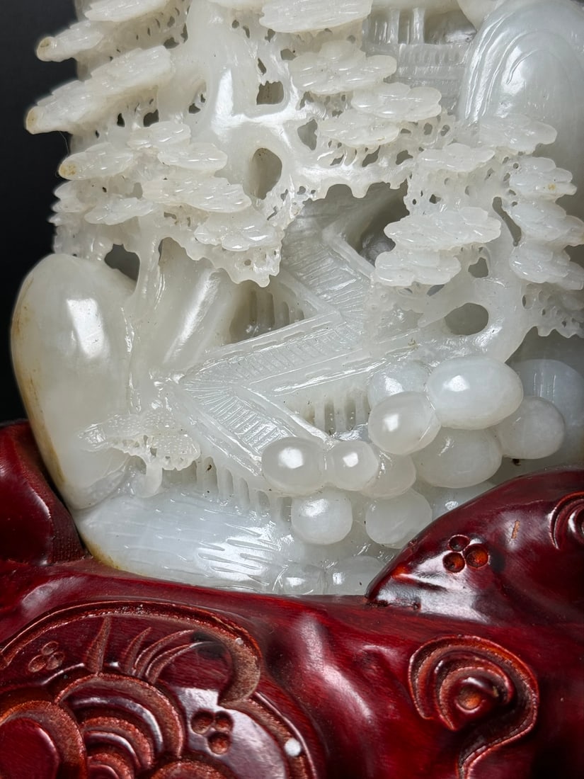 Natural Hetian Jade Hand-Carved Statue w Fortune Dragon & Mountain River Scene - 7
