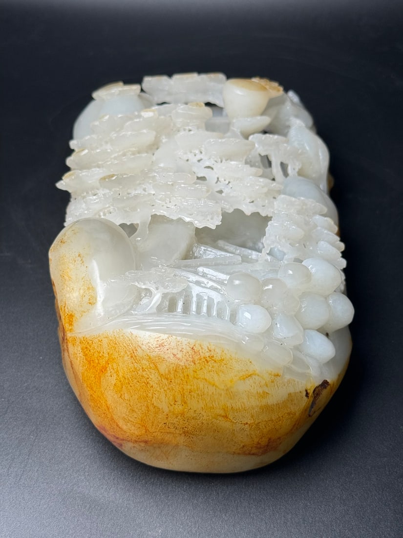 Natural Hetian Jade Hand-Carved Statue w Fortune Dragon & Mountain River Scene - 9