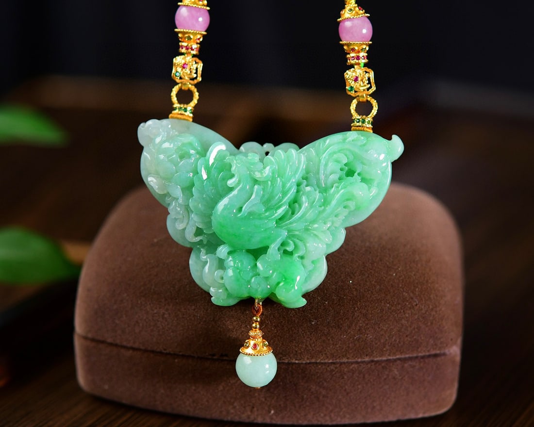 Jadeite Hand-Carved Pendant w Phoenix & Peony w Hand Woven Jadeite & Beeswax Beads Necklace (1 of 6)