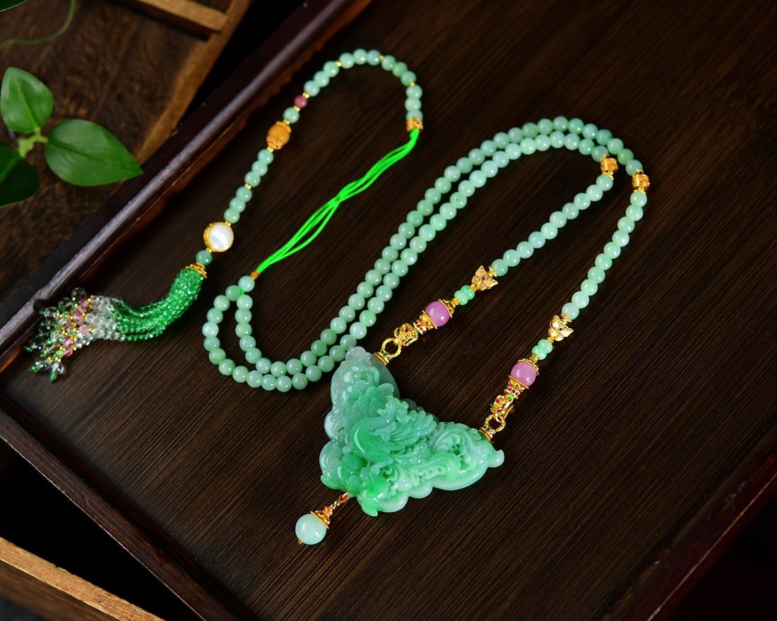 Jadeite Hand-Carved Pendant w Phoenix & Peony w Hand Woven Jadeite & Beeswax Beads Necklace - 4