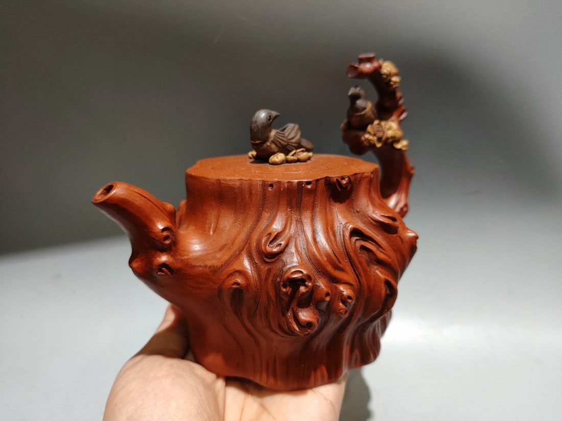 Vintage Yixing Zisha Clay Teapot w Plum Flower & Magpie - 2