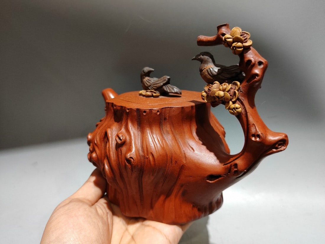 Vintage Yixing Zisha Clay Teapot w Plum Flower & Magpie - 3