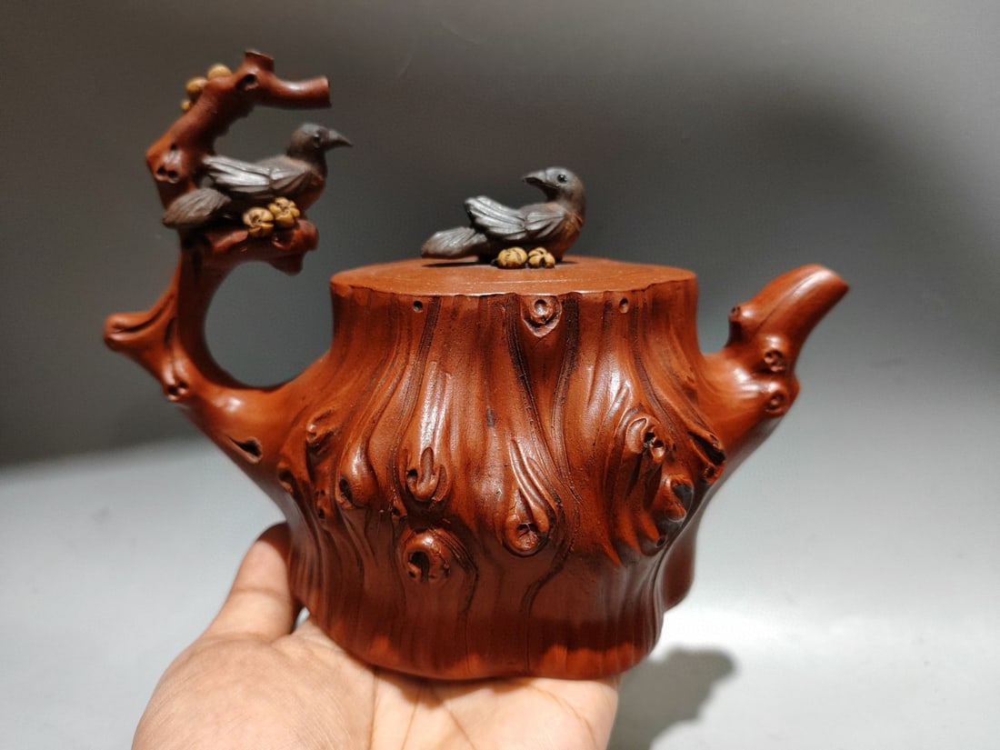Vintage Yixing Zisha Clay Teapot w Plum Flower & Magpie - 4