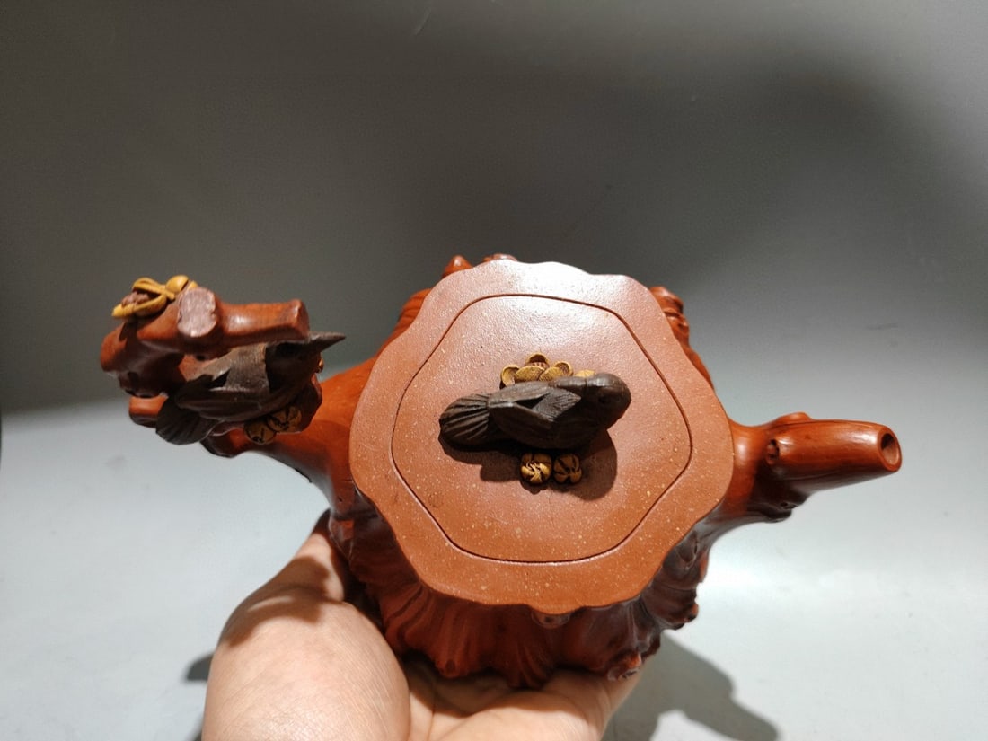 Vintage Yixing Zisha Clay Teapot w Plum Flower & Magpie - 6