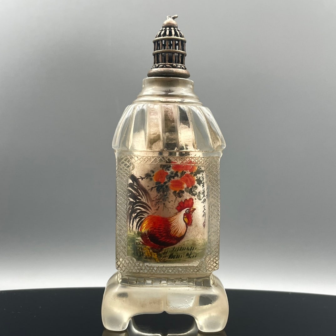 Peking Glass Inside Painting Rooster Design Snuff Bottle w Stopper (1 of 8)