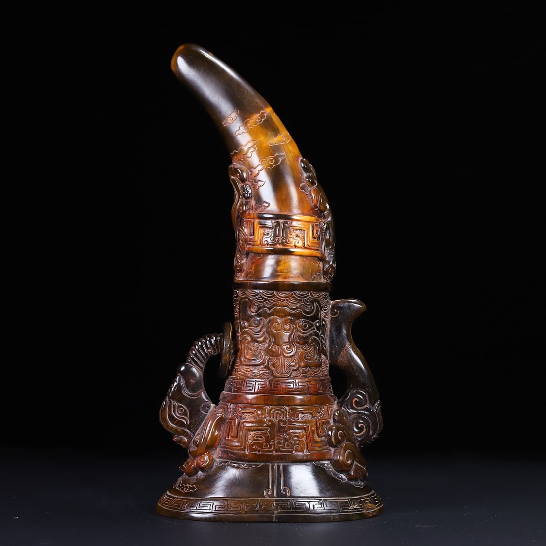 Vintage Ox Horn Hand-Carved Statue w Chi Dragon - 4