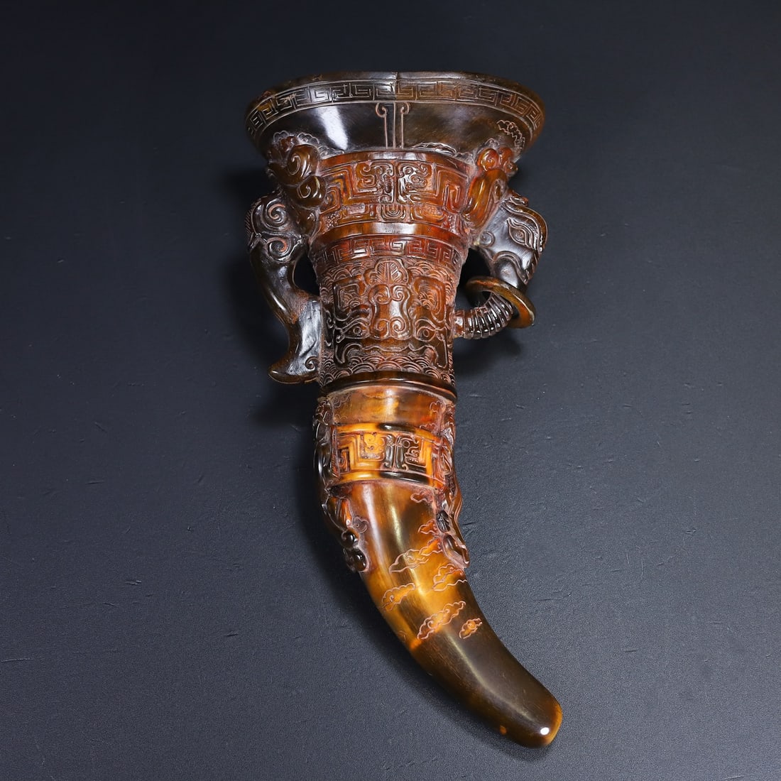 Vintage Ox Horn Hand-Carved Statue w Chi Dragon - 5