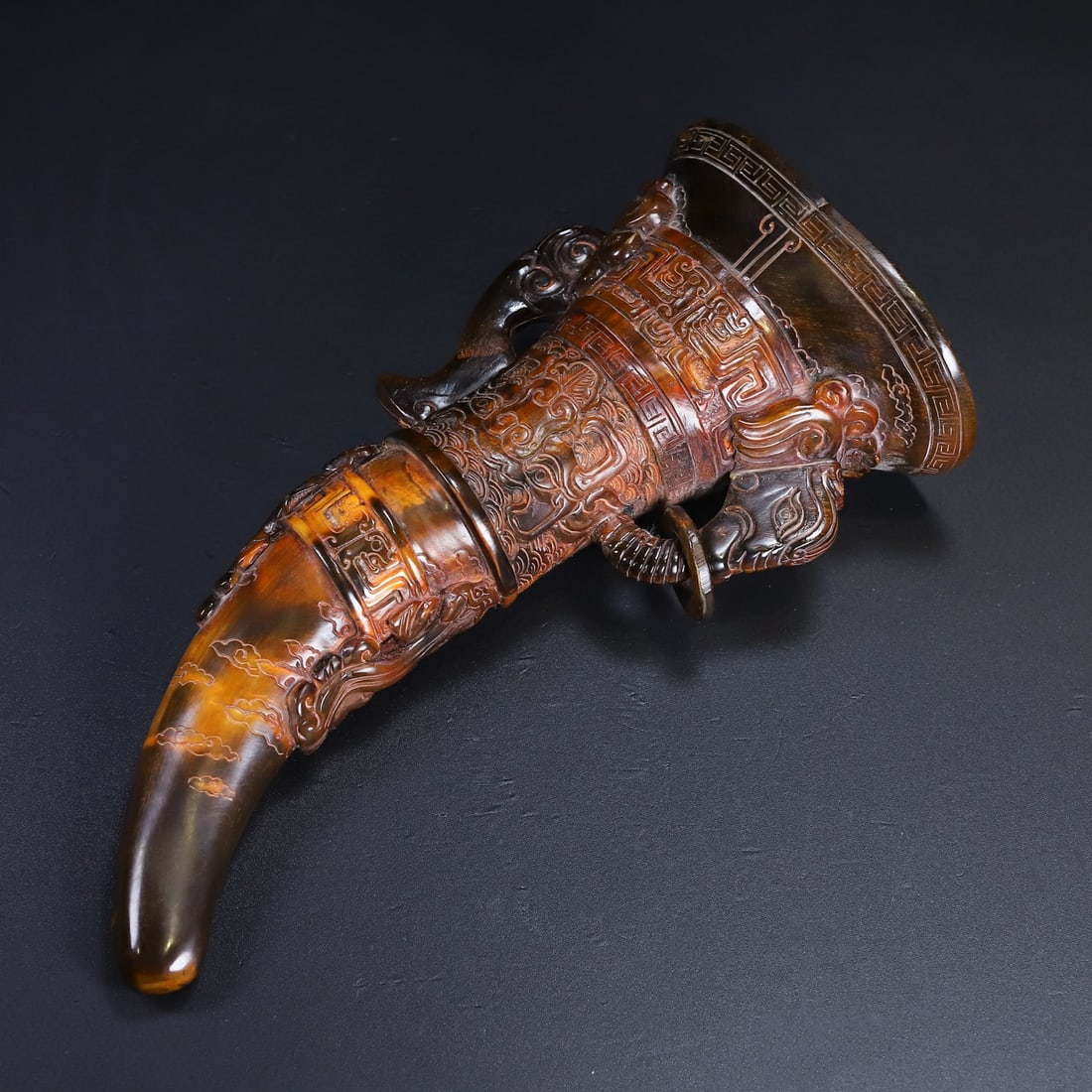 Vintage Ox Horn Hand-Carved Statue w Chi Dragon - 7