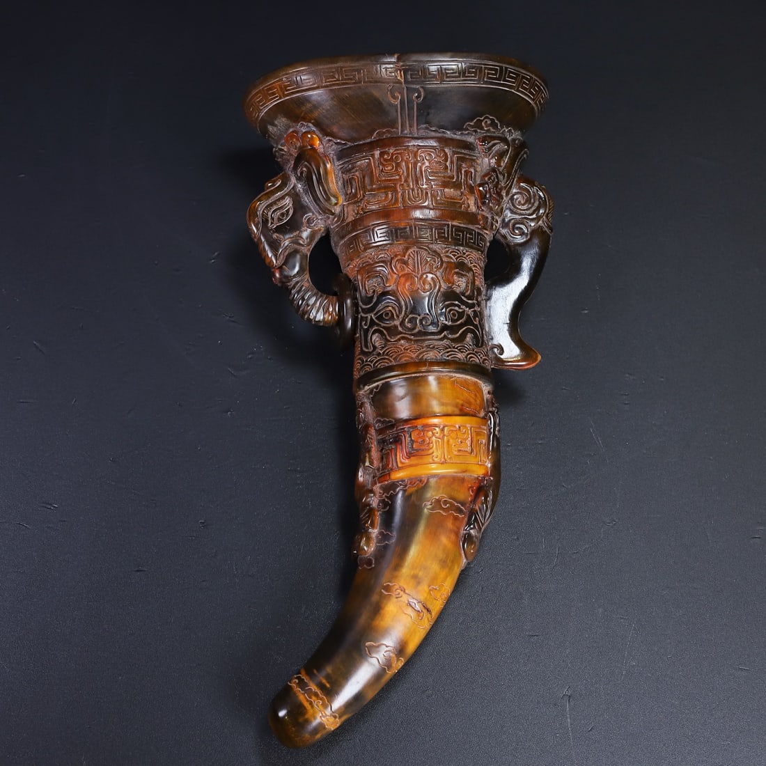 Vintage Ox Horn Hand-Carved Statue w Chi Dragon - 8