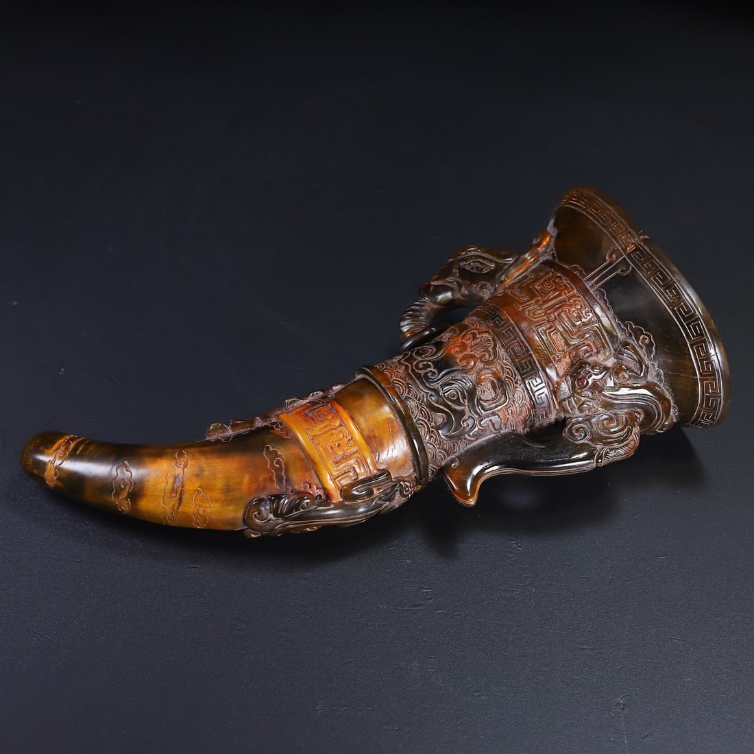 Vintage Ox Horn Hand-Carved Statue w Chi Dragon - 9