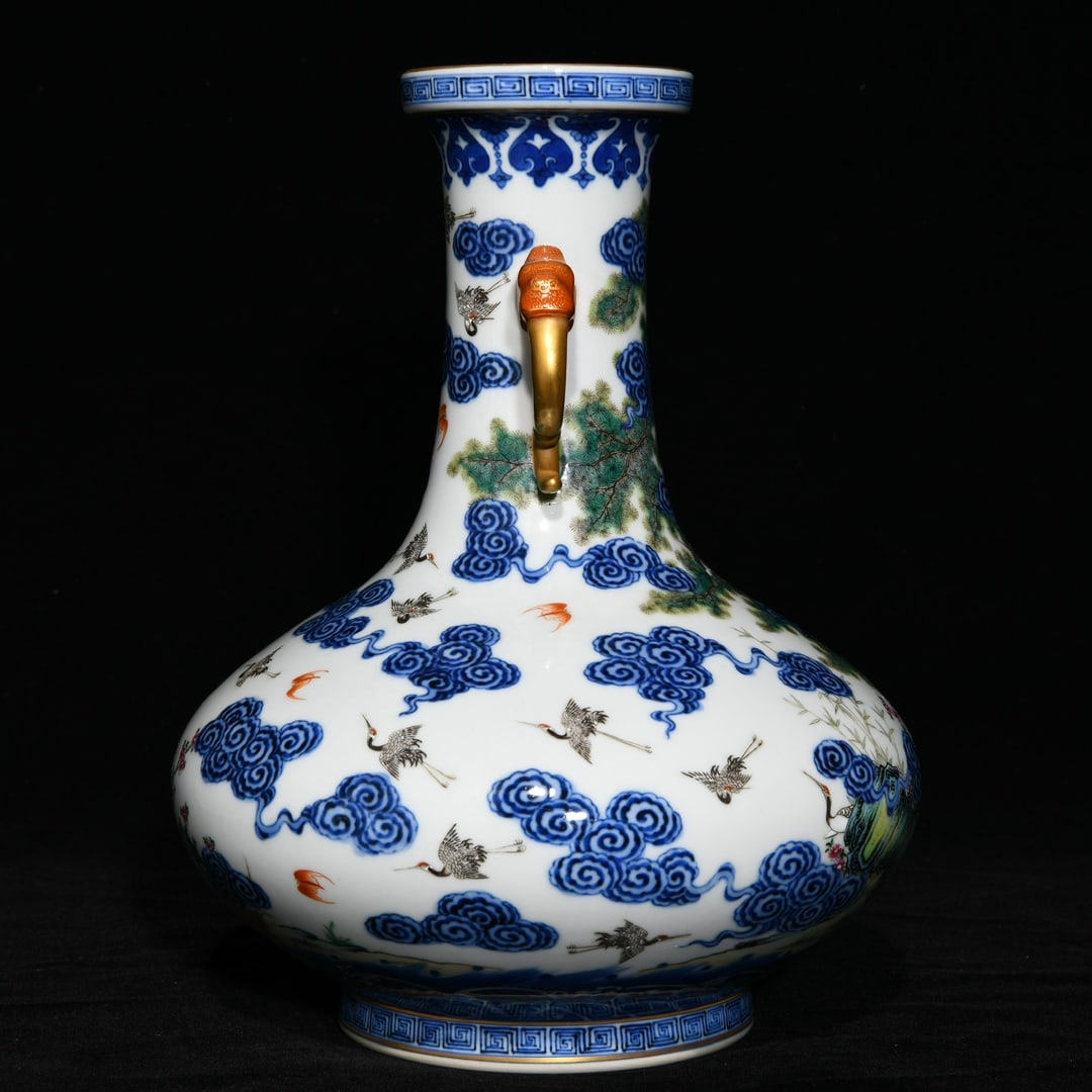 Porcelain Vase Gilt Gold Famille Rose + Blue And White Porcelain w Pine Tree & Crane ,Qing Dynasty - 2