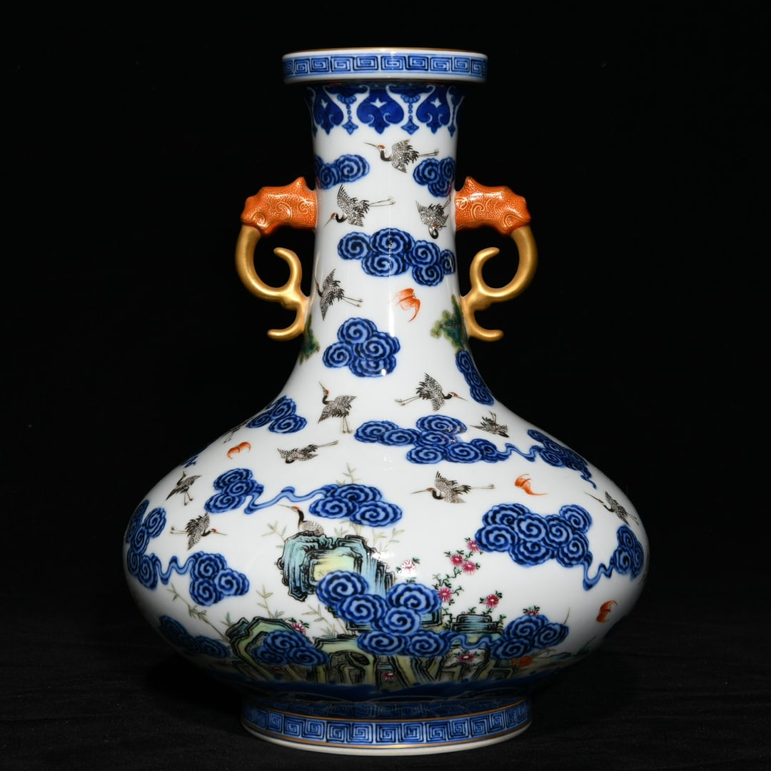 Porcelain Vase Gilt Gold Famille Rose + Blue And White Porcelain w Pine Tree & Crane ,Qing Dynasty - 3
