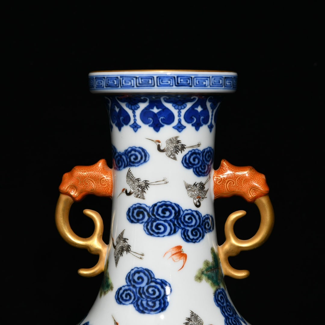 Porcelain Vase Gilt Gold Famille Rose + Blue And White Porcelain w Pine Tree & Crane ,Qing Dynasty - 4