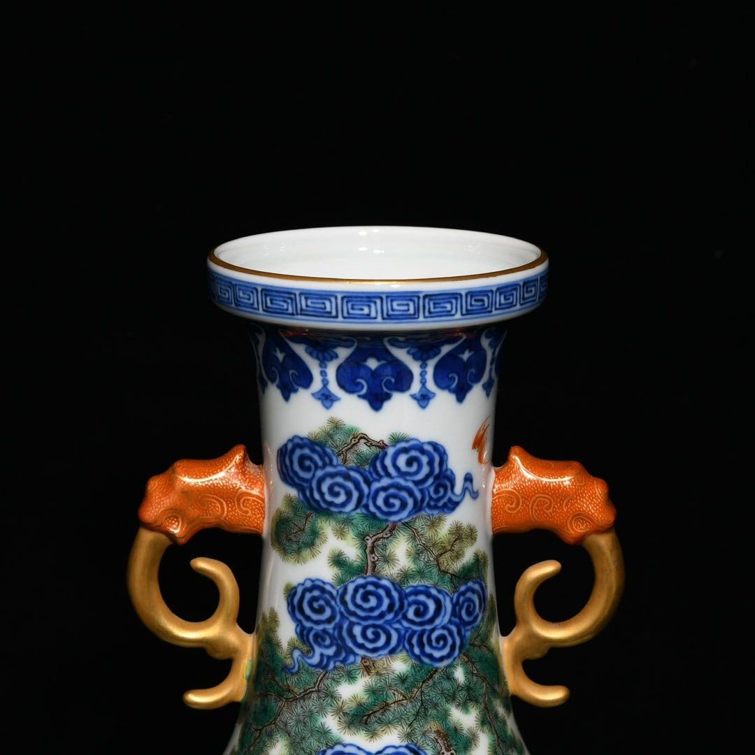 Porcelain Vase Gilt Gold Famille Rose + Blue And White Porcelain w Pine Tree & Crane ,Qing Dynasty - 5