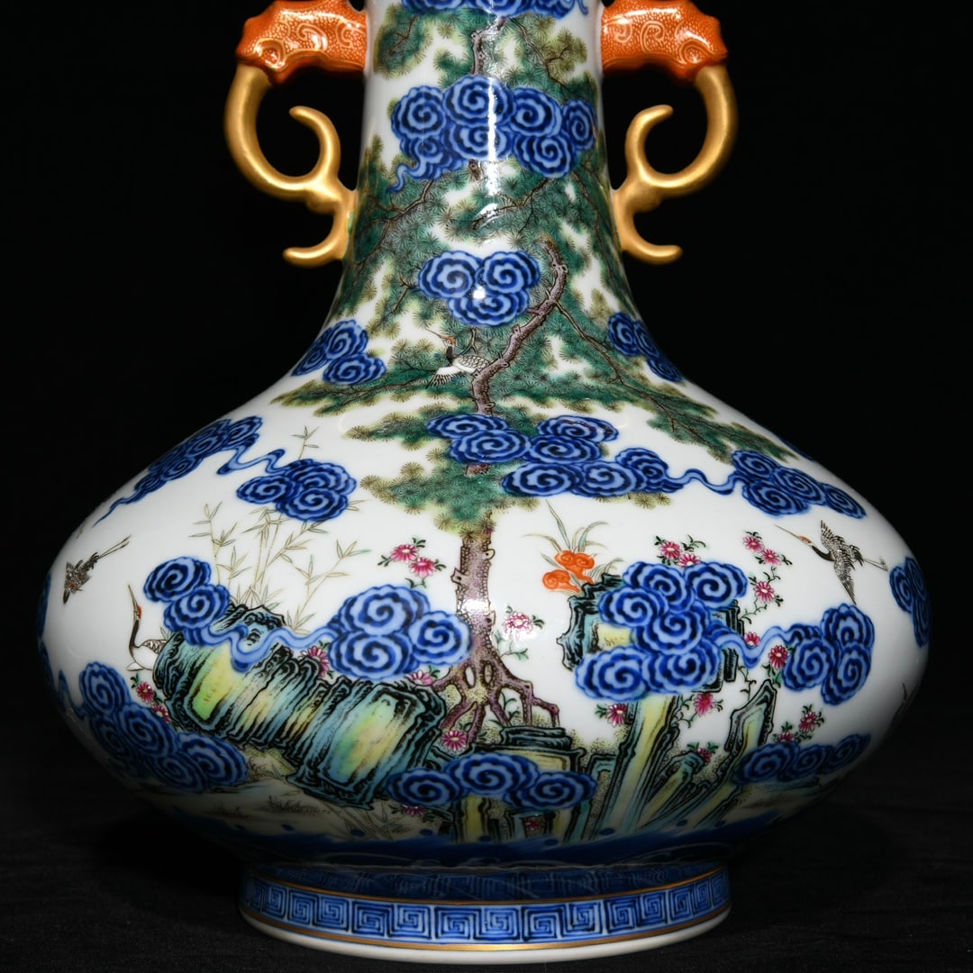 Porcelain Vase Gilt Gold Famille Rose + Blue And White Porcelain w Pine Tree & Crane ,Qing Dynasty - 6
