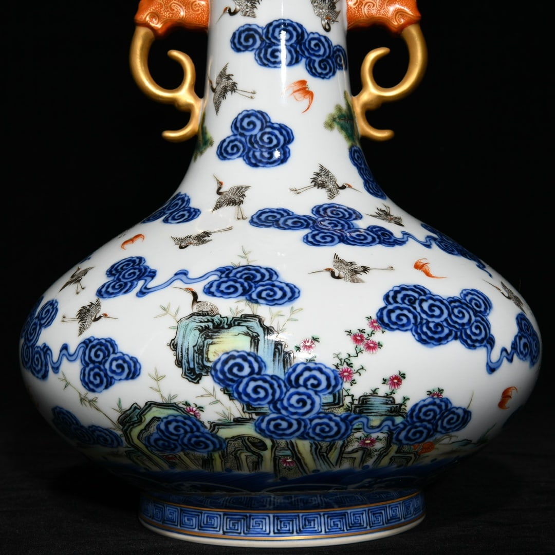 Porcelain Vase Gilt Gold Famille Rose + Blue And White Porcelain w Pine Tree & Crane ,Qing Dynasty - 8