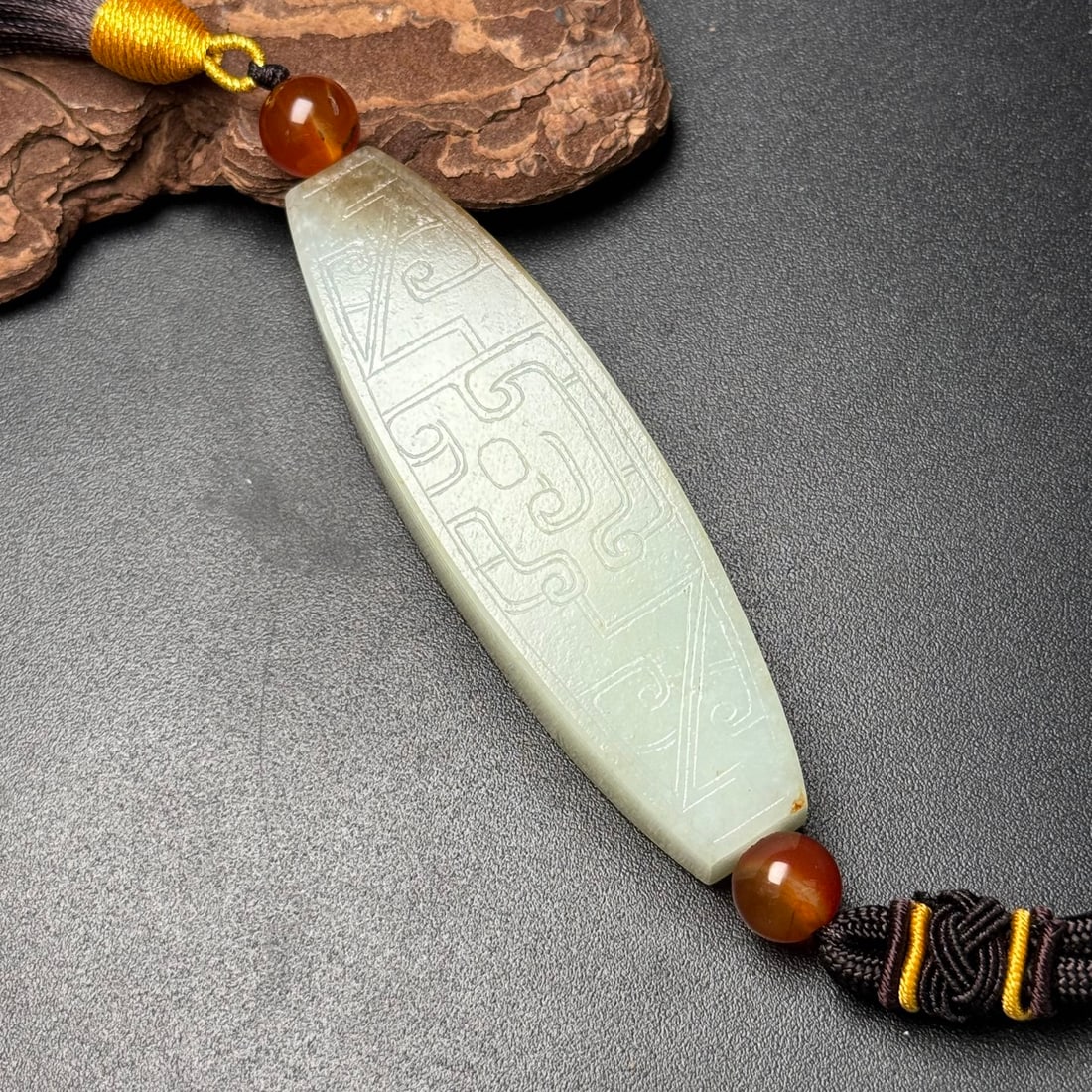 Natural Hetian Jade Hand-Carved Pendant w Dragon - 2