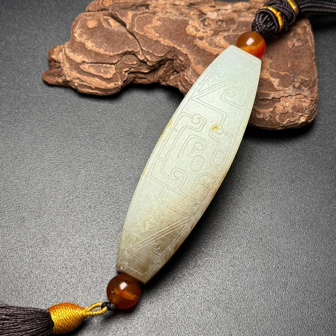 Natural Hetian Jade Hand-Carved Pendant w Dragon - 3