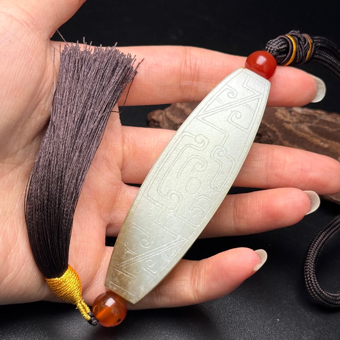 Natural Hetian Jade Hand-Carved Pendant w Dragon - 8