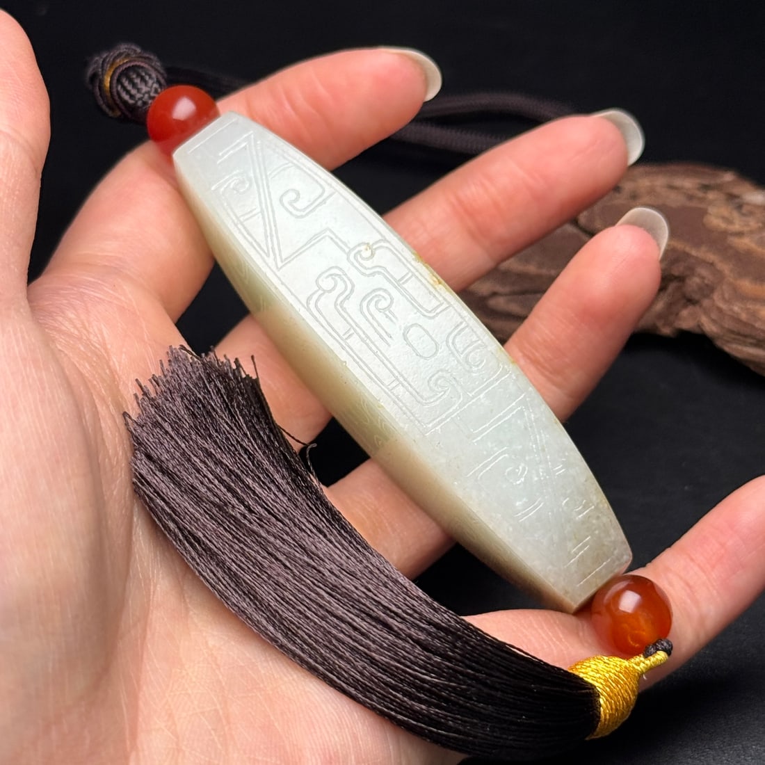 Natural Hetian Jade Hand-Carved Pendant w Dragon - 9