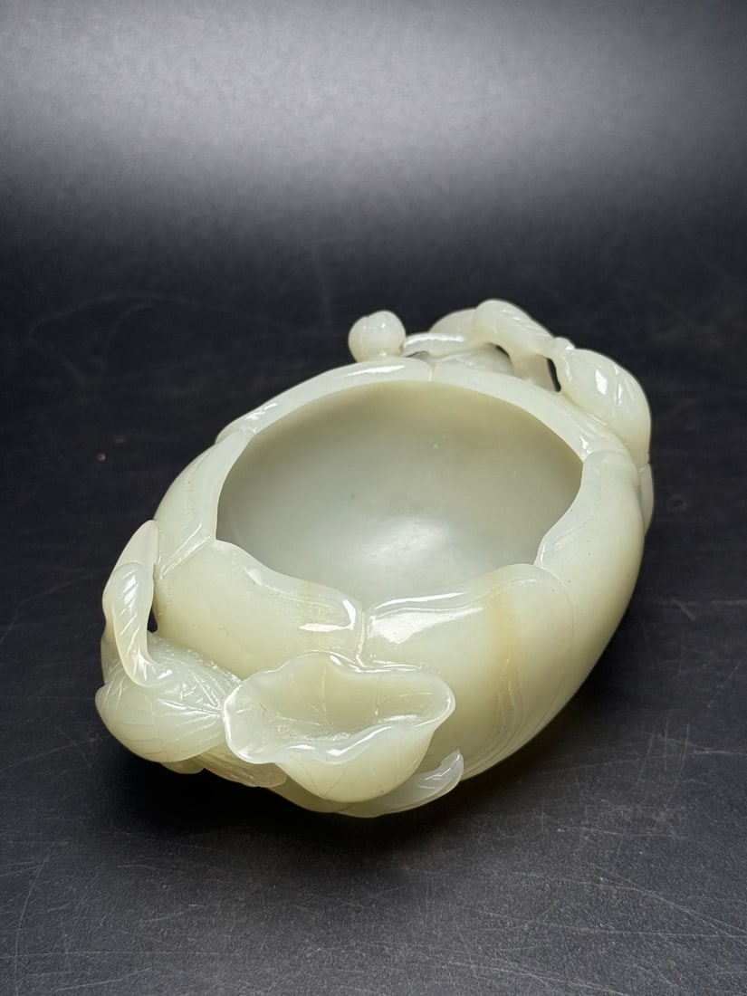 Natural Hetian Jade Hand-Carved Brush Washer w Lotus Leaf - 2