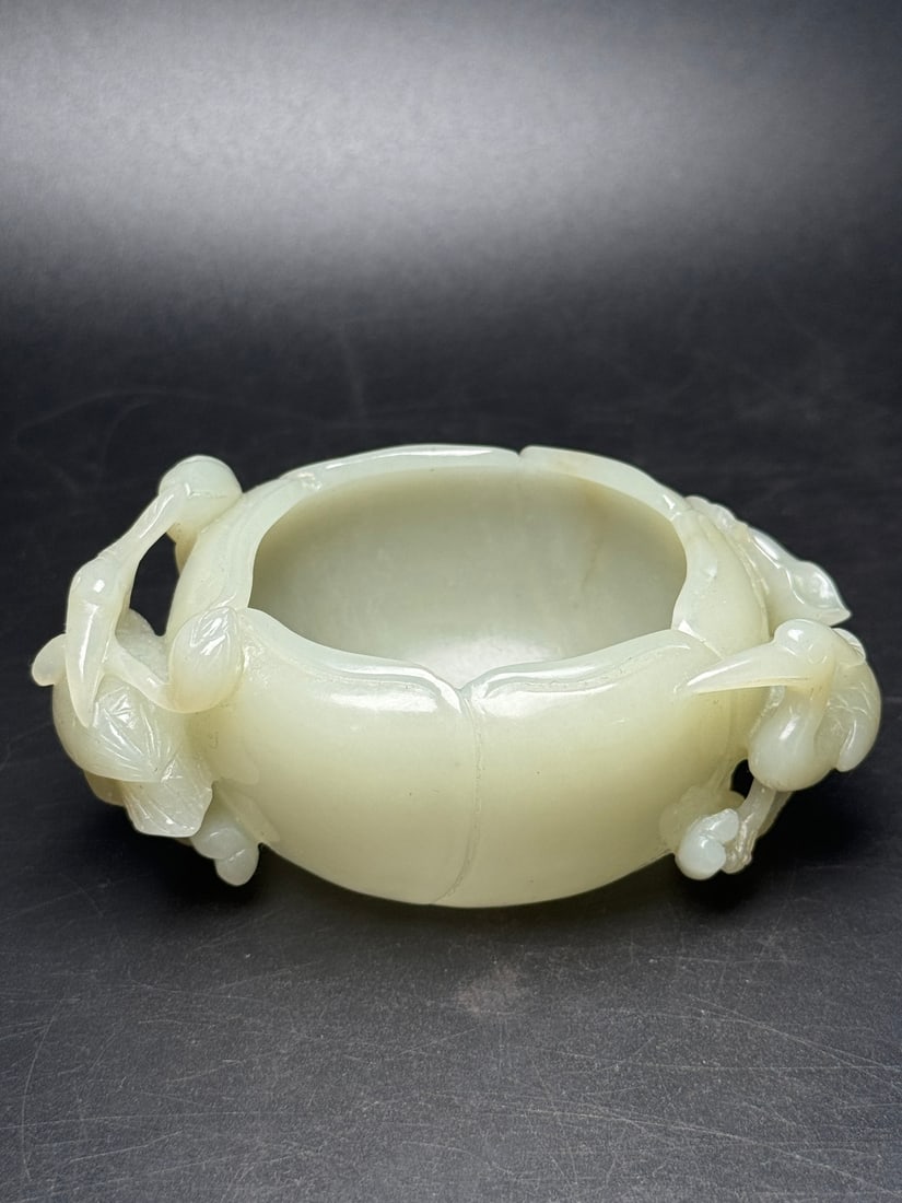 Natural Hetian Jade Hand-Carved Brush Washer w Lotus Leaf - 3