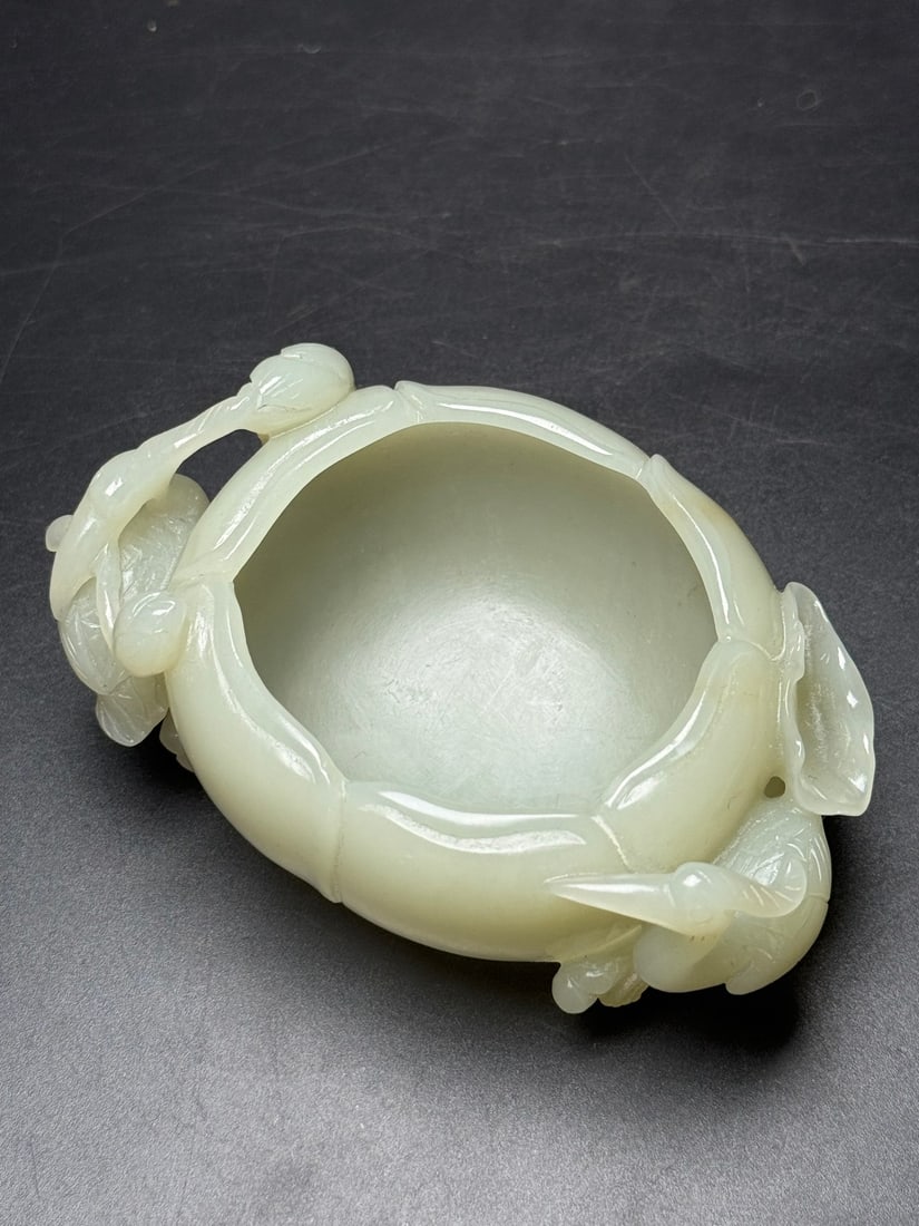 Natural Hetian Jade Hand-Carved Brush Washer w Lotus Leaf - 4