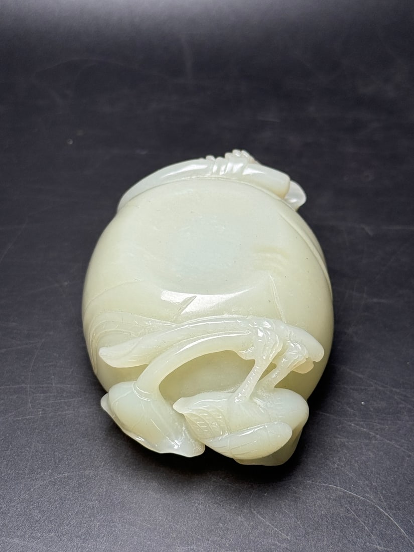 Natural Hetian Jade Hand-Carved Brush Washer w Lotus Leaf - 6