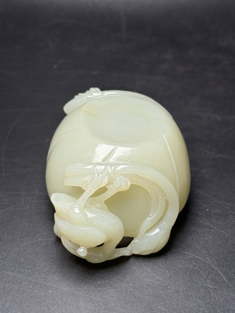 Natural Hetian Jade Hand-Carved Brush Washer w Lotus Leaf - 7