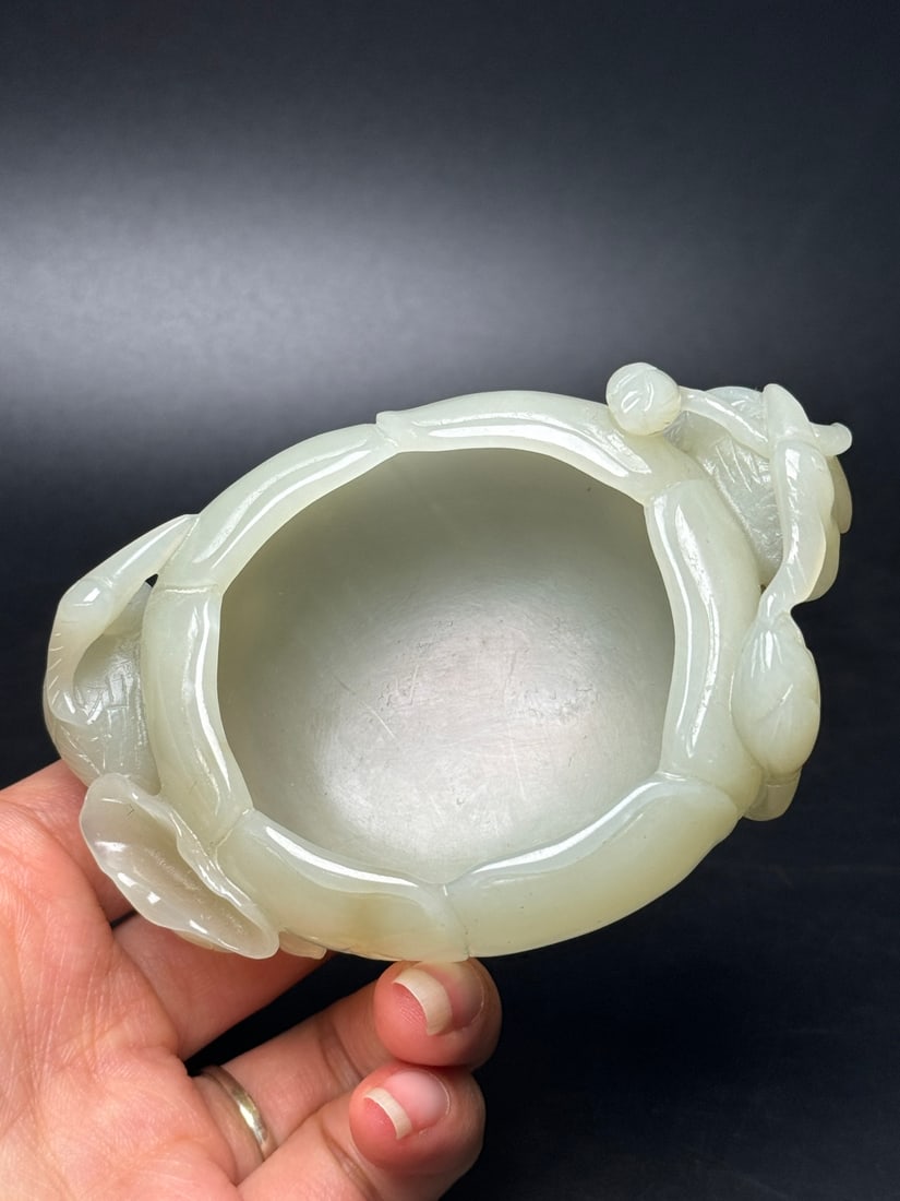 Natural Hetian Jade Hand-Carved Brush Washer w Lotus Leaf - 8