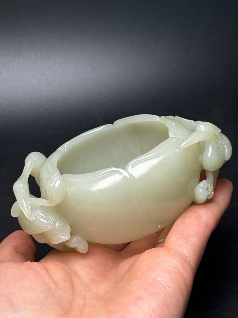 Natural Hetian Jade Hand-Carved Brush Washer w Lotus Leaf - 9
