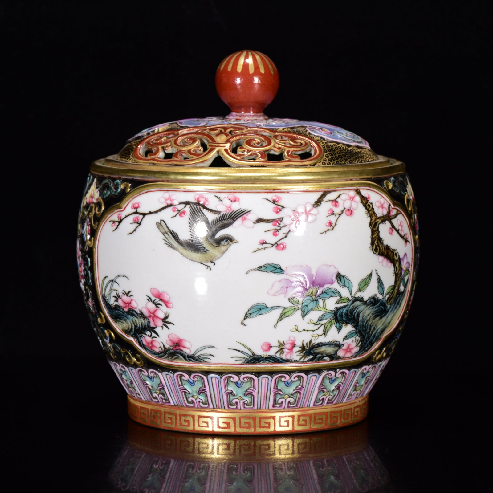 Porcelain Pot Gilt Edge Famille Rose w Flowers Bird ,Qing Dynasty QianLong Mark (1 of 9)