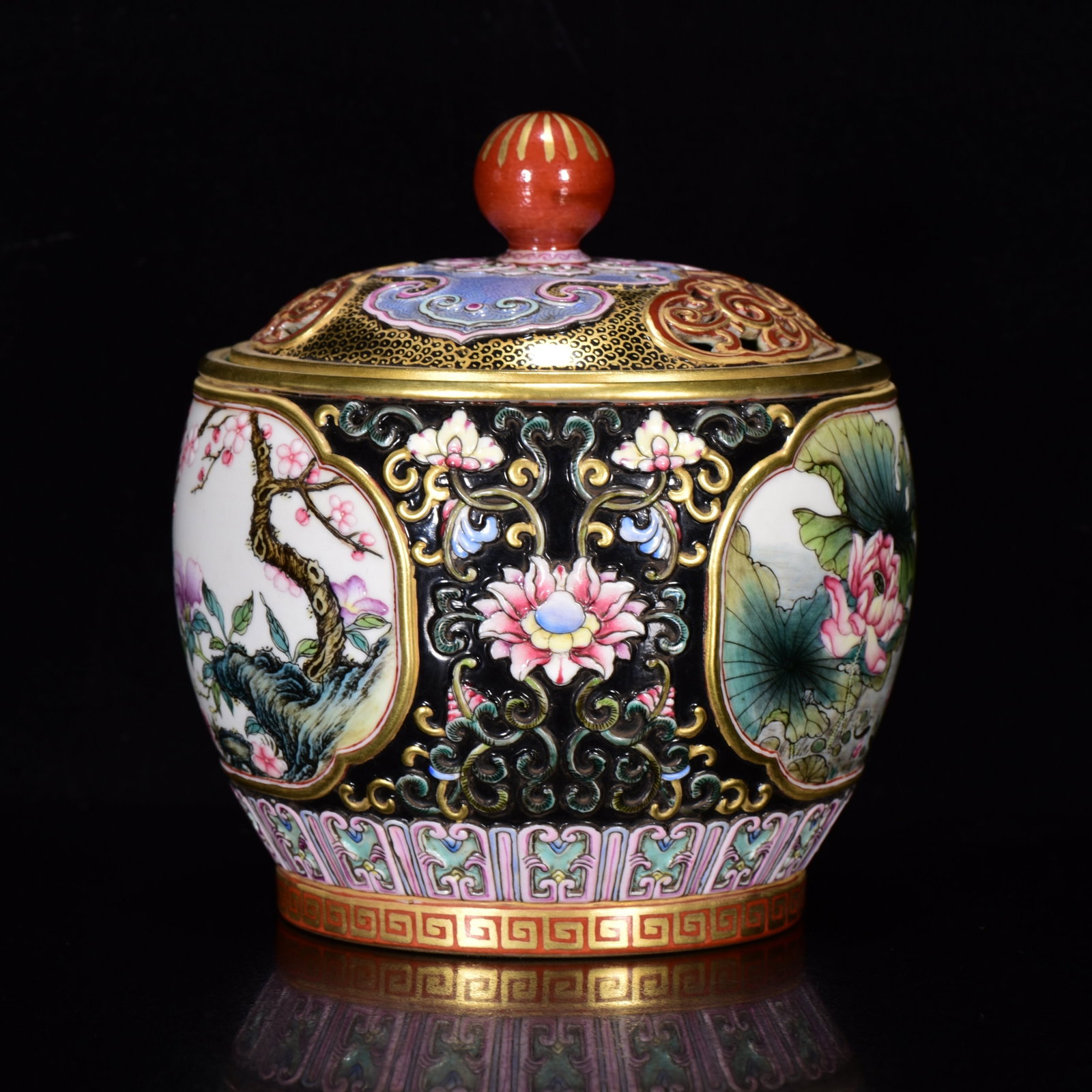 Porcelain Pot Gilt Edge Famille Rose w Flowers Bird ,Qing Dynasty QianLong Mark - 2