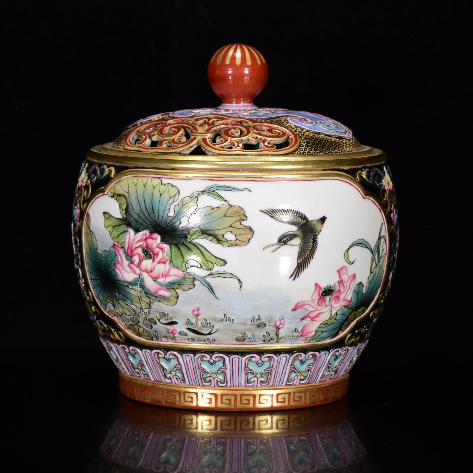 Porcelain Pot Gilt Edge Famille Rose w Flowers Bird ,Qing Dynasty QianLong Mark - 3