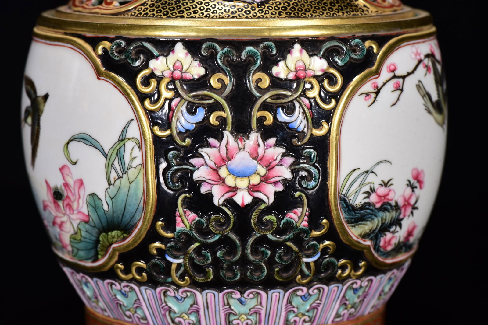 Porcelain Pot Gilt Edge Famille Rose w Flowers Bird ,Qing Dynasty QianLong Mark - 8