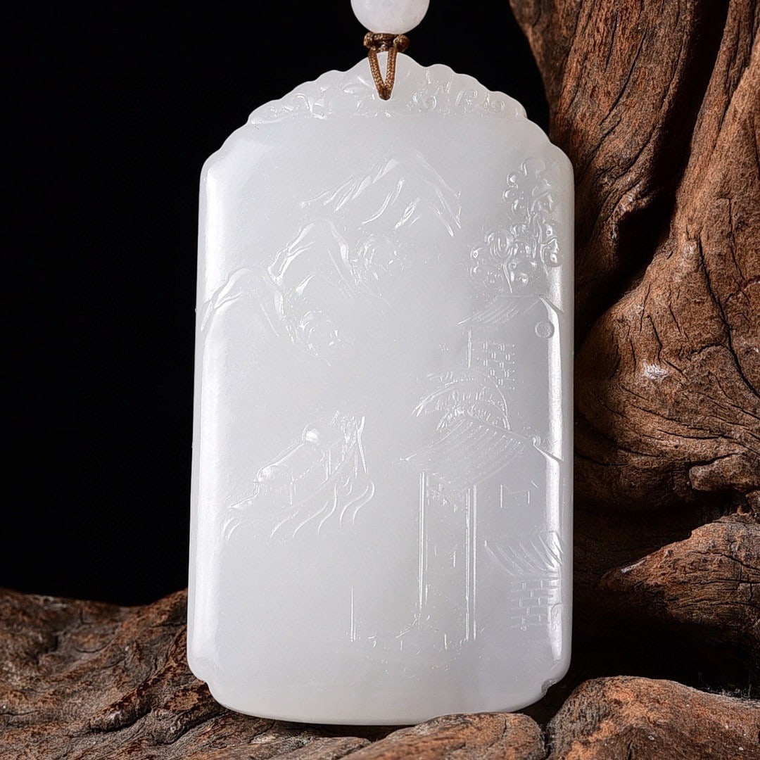 Natural Hetian Jade Low Relief Pendant w Mountain River Scene - 2