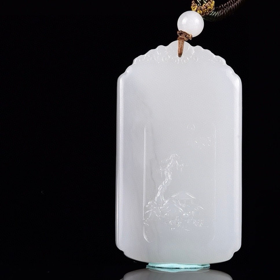 Natural Hetian Jade Low Relief Pendant w Mountain River Scene - 4