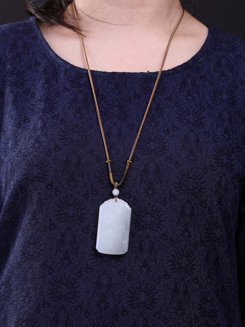 Natural Hetian Jade Low Relief Pendant w Mountain River Scene - 5